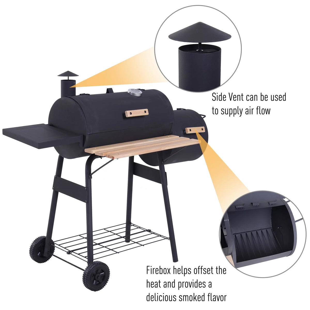 Portable Charcoal BBQ Grill and Offset Smoker Combo with Wheels C33057