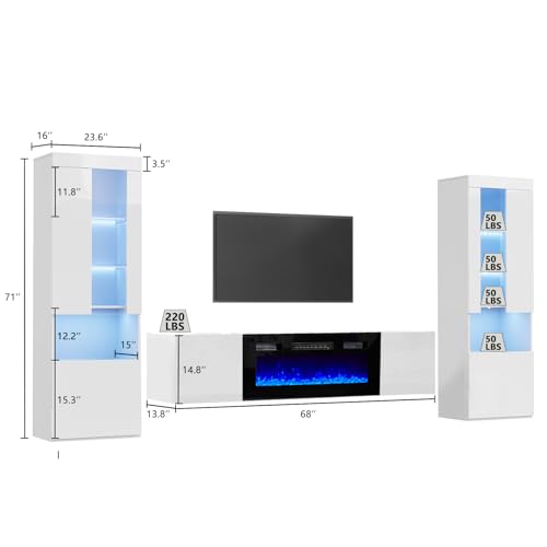 White High Gloss Entertainment Center with LED Lights, 40" Electric Fireplace, 2 Bookcases with Glass Doors P5939