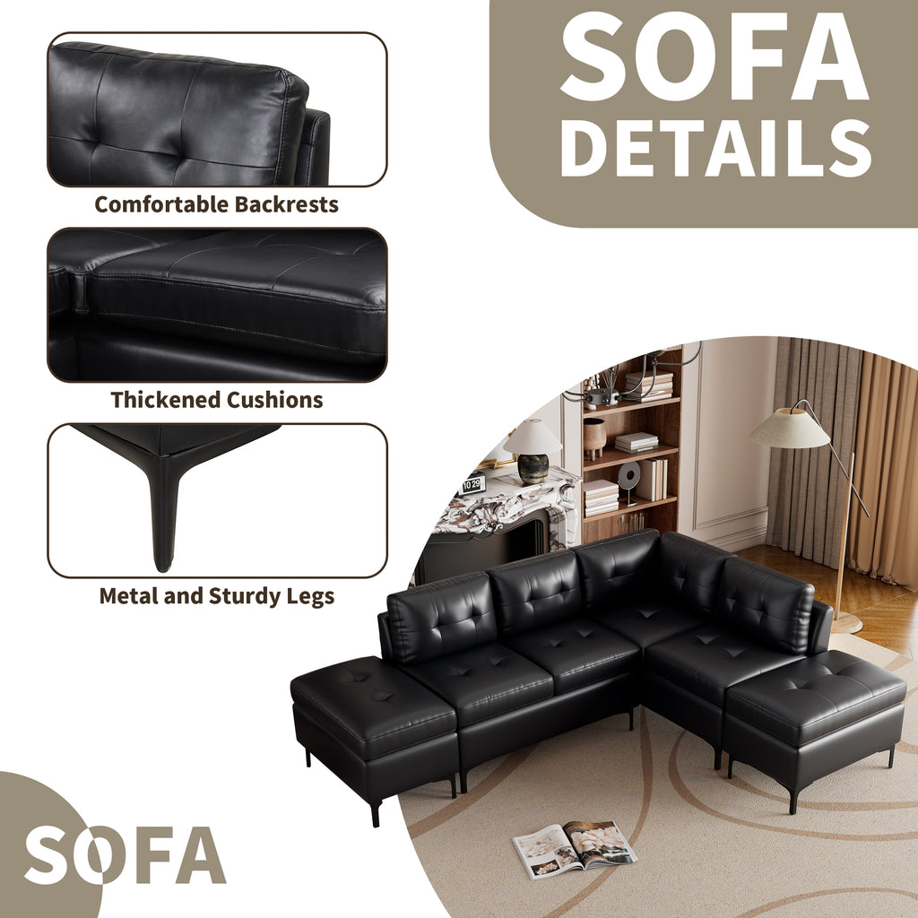 Black PU Leather L-Shaped Corner Sectional Sofa with Movable Storage Ottomans R3152
