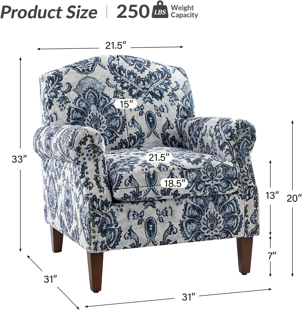 Navy Accent Chair with Wood Legs and Removable Cushion H4979
