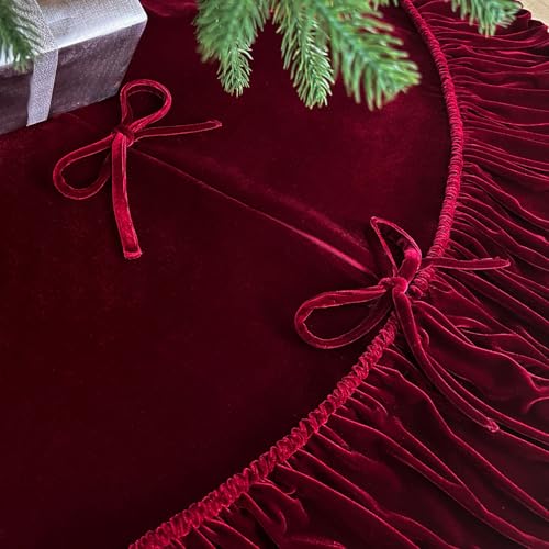 60-Inch Ruffled Velvet Christmas Tree Skirt with Lace-Up Tie Closure, Burgundy J884