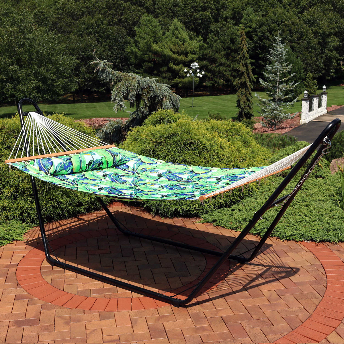 Quilted Printed Fabric 2-Person Hammock and Pillow with S Hooks and Hanging Chains J800