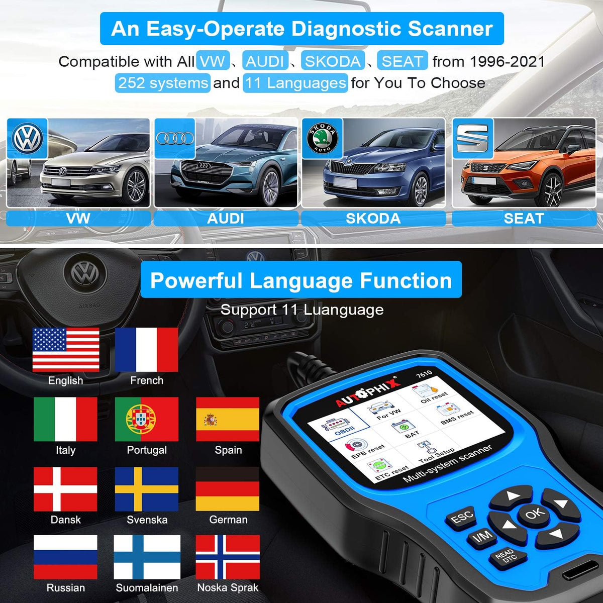 Full Systems OBD2 Scanner Code Reader for VAG After 1996 Z122332