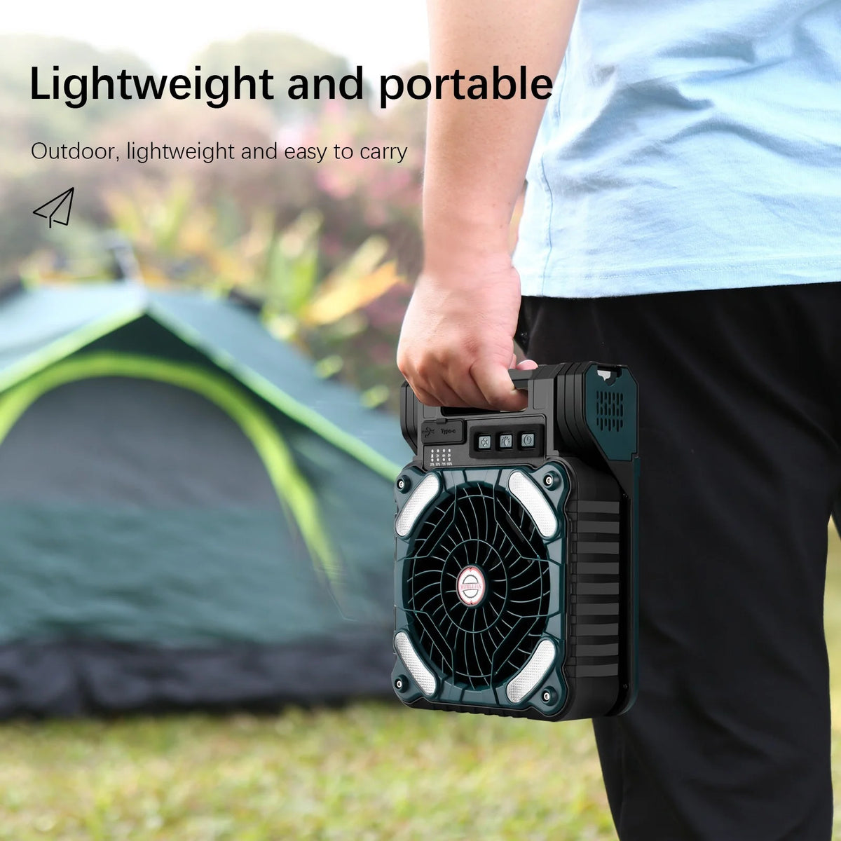Solar Camping Fan with Solar Panel, LED Light, 4 Speeds, 10000mAh O7353