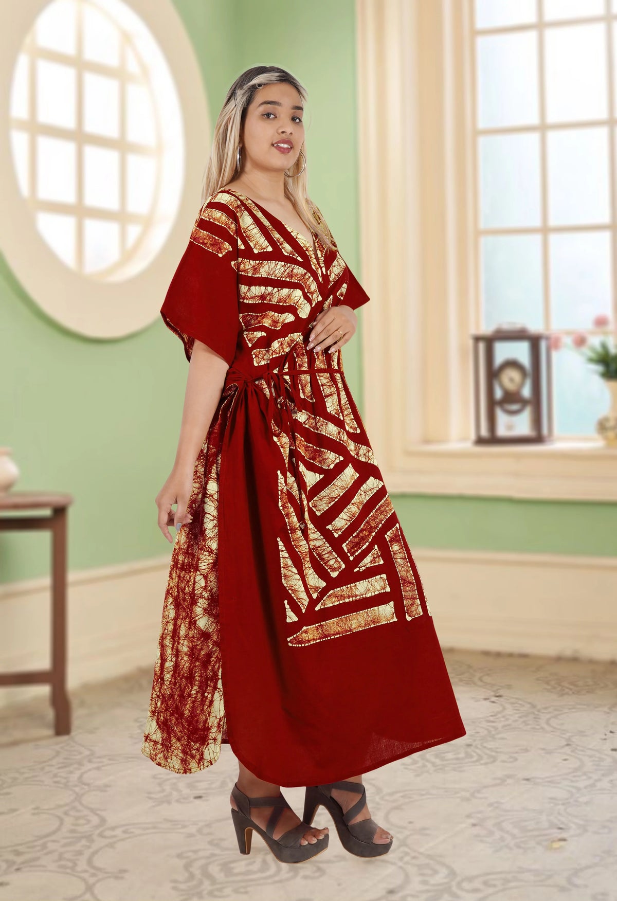Maroon Stripes Maxi Kaftan Dress E253762