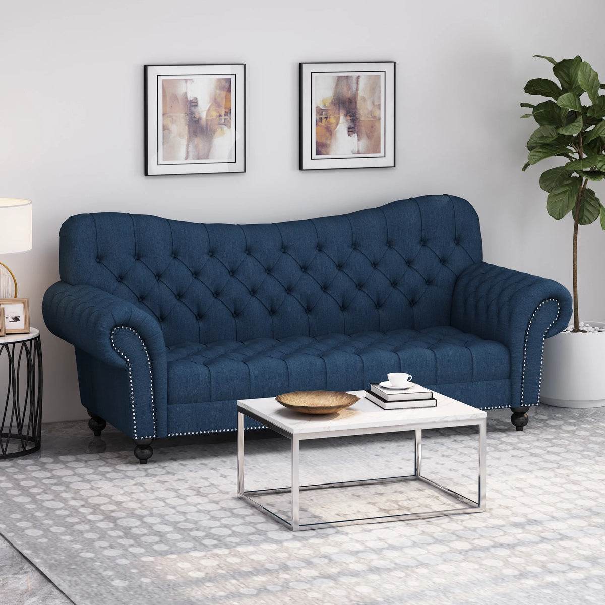 Navy Blue and Dark Brown 3 Seater Fabric Sofa J30334