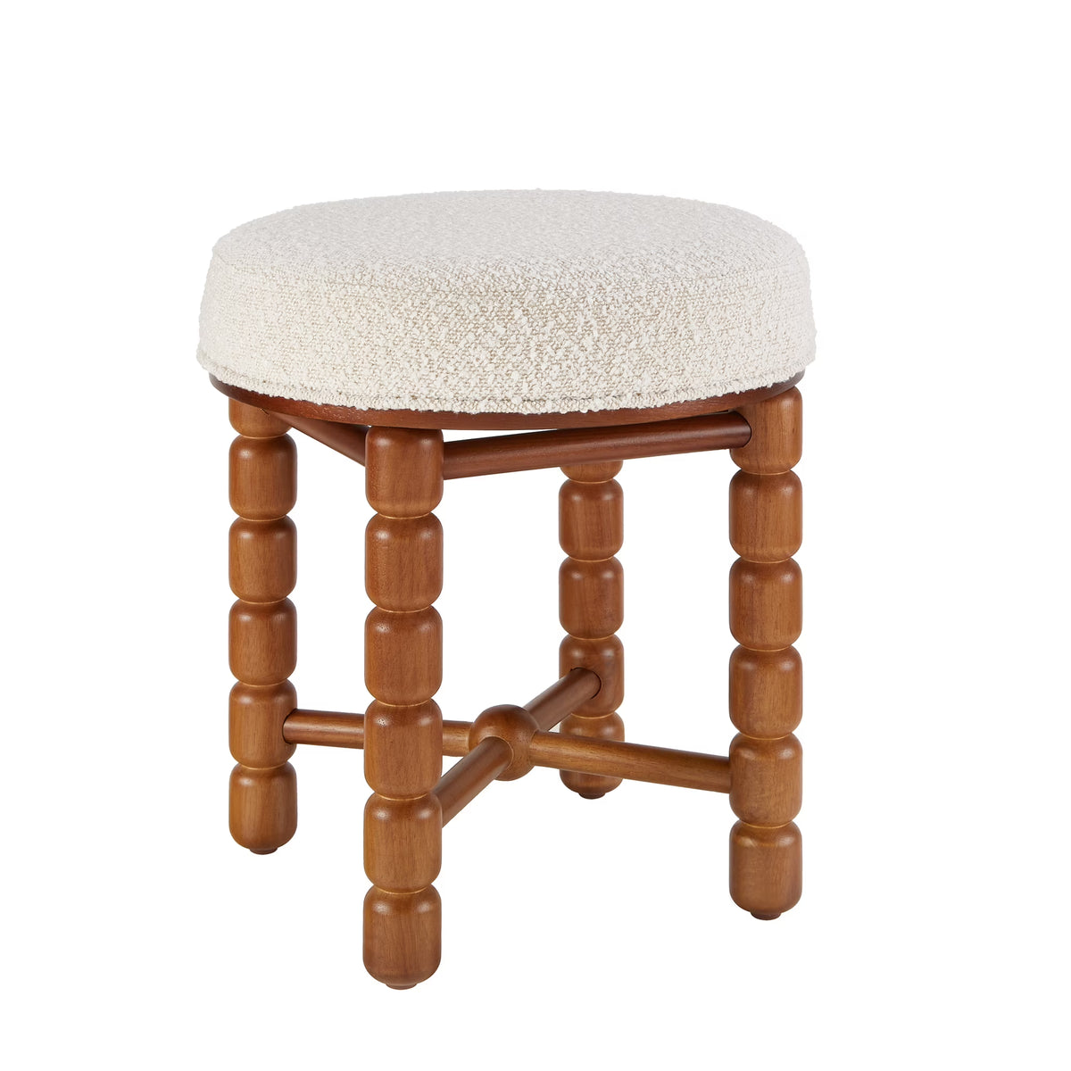 White Upholstered Boucle Vanity Stool with Wood Legs M808