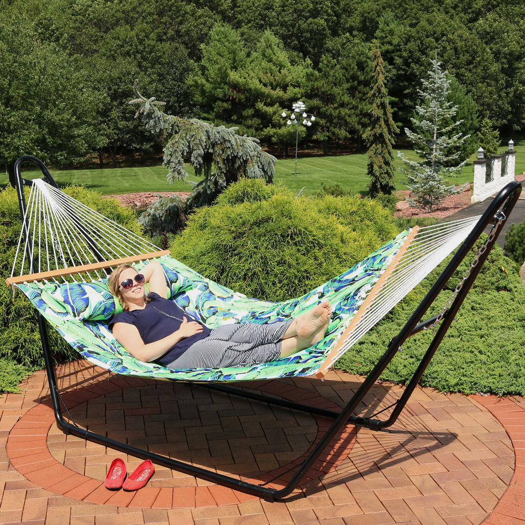 Quilted Printed Fabric 2-Person Hammock and Pillow with S Hooks and Hanging Chains J800