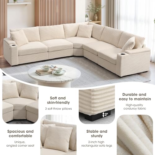 Beige Corduroy Sectional Corner Sofa with Cup Holders I677