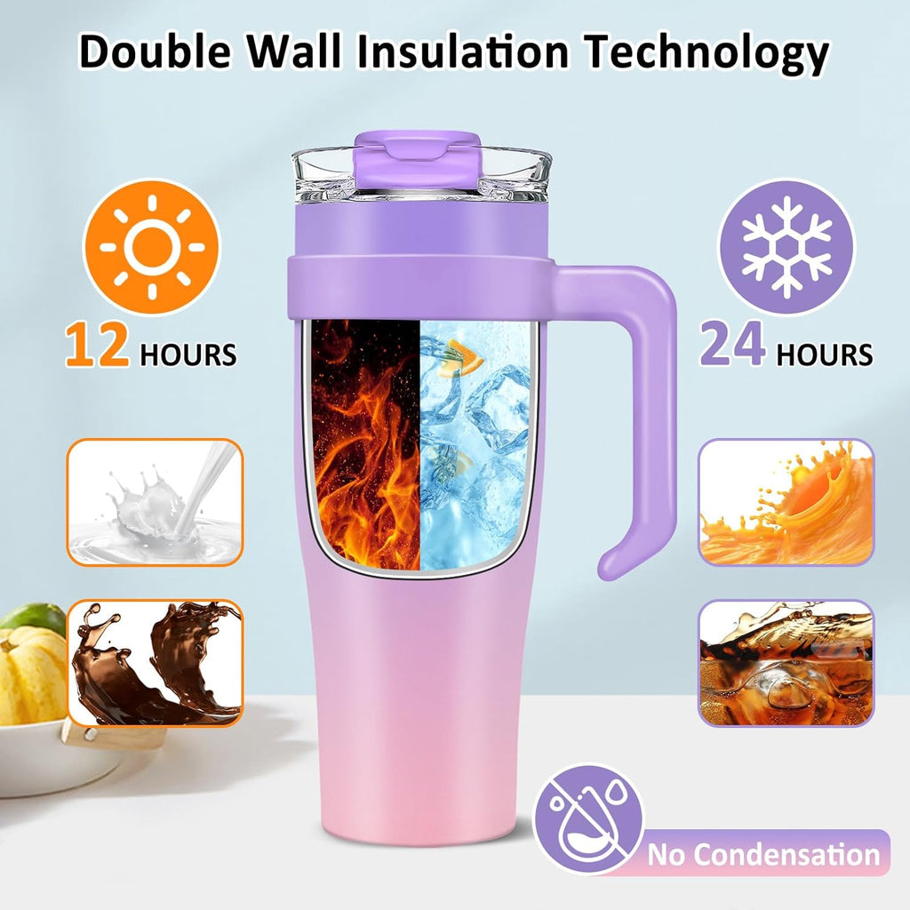 40 oz Stainless Steel Double Wall Vacuum Insulated Tumbler with Handle and Flip Straw Lid X562
