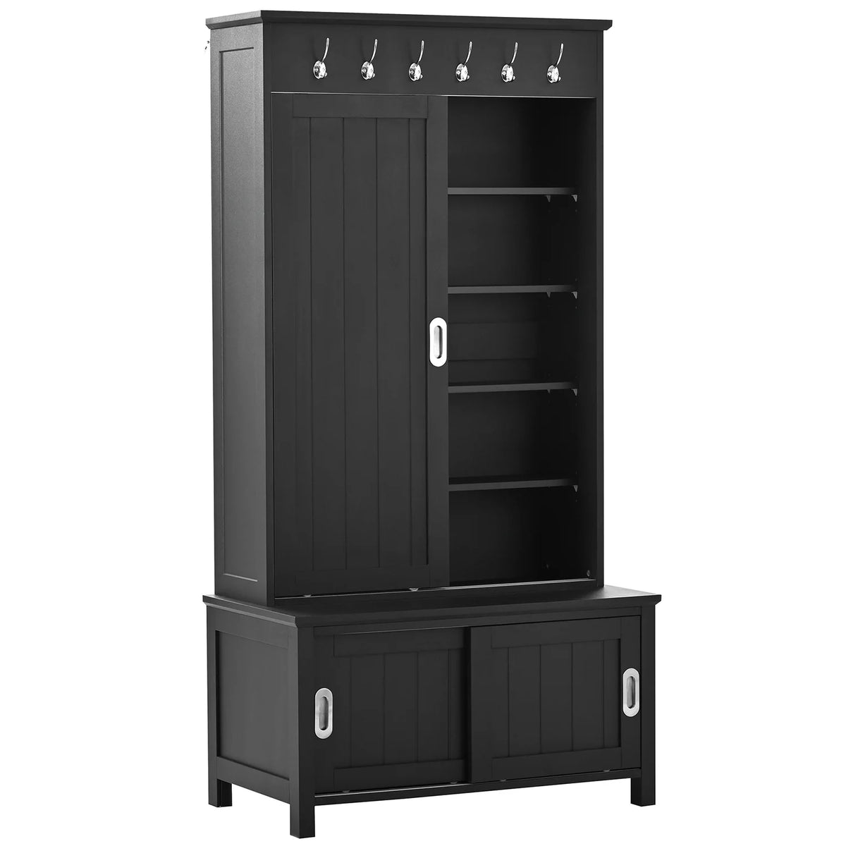 Black Wooden Hall Tree with Bench and Shoe Storage D348132