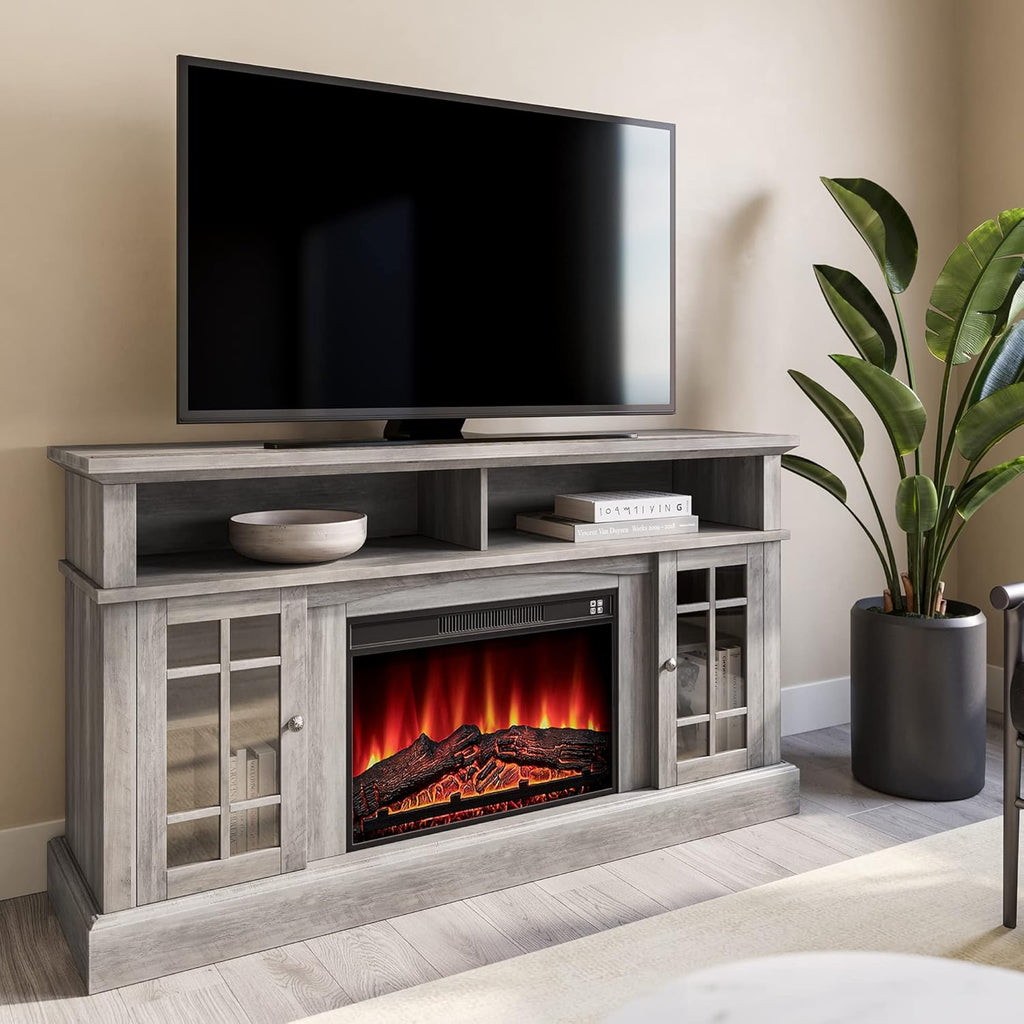 Espresso 58 Inch Electric Fireplace TV Stand with Storage Shelves and Cabinets O463