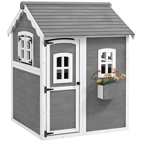 Gray Wooden Playhouse with Floor, Door, Windows & Planter Box L10950