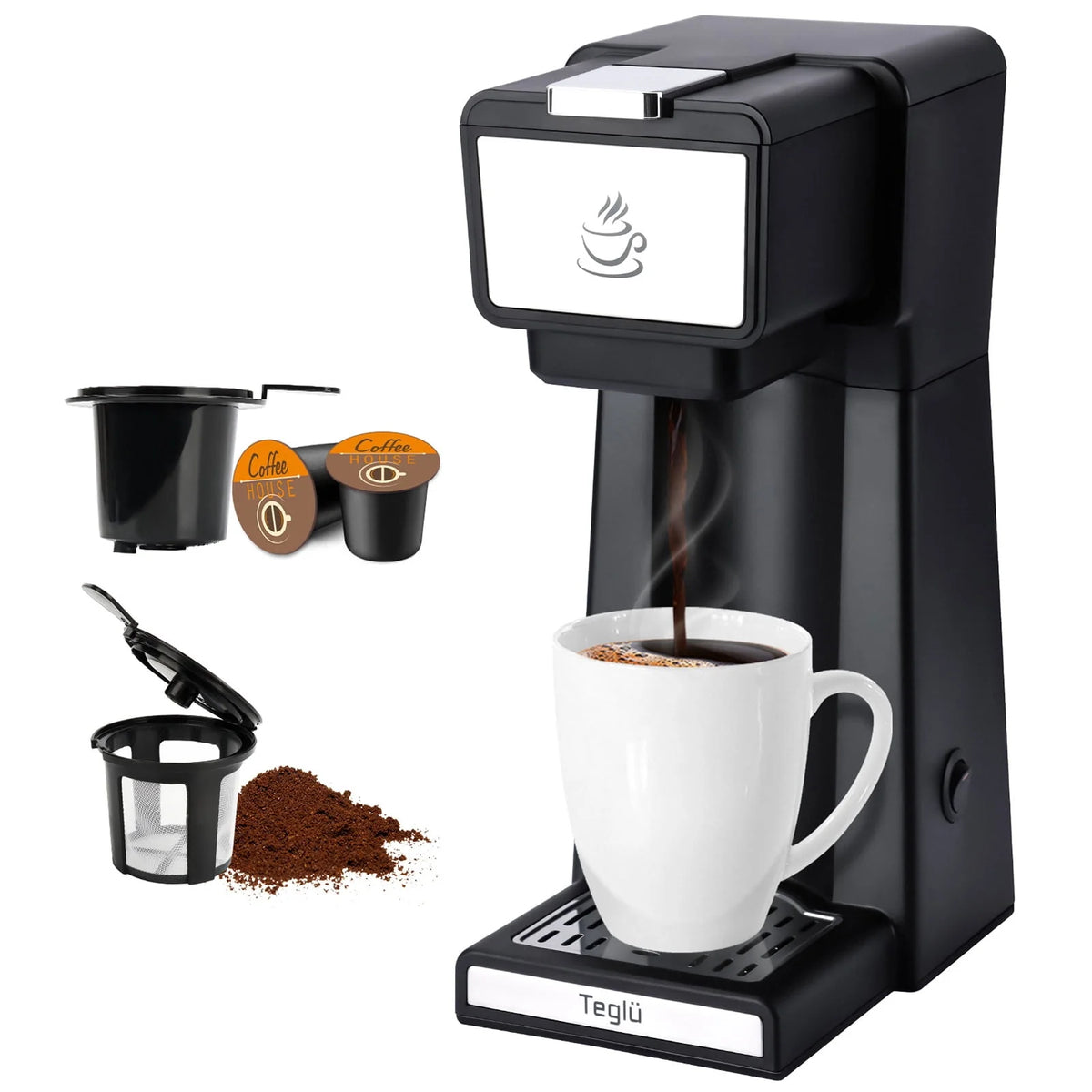 Black 2 in 1 Single Serve Coffee Maker with Reusable Filter A1885