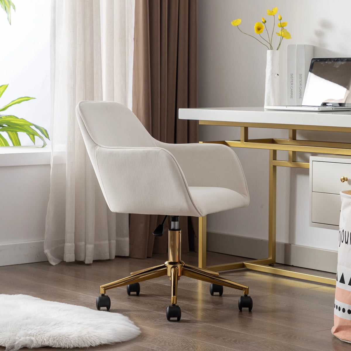 Velvet Adjustable Height 360-degree Revolving Home Office Chair with Gold Metal Legs and Universal Wheels-Ivory L132