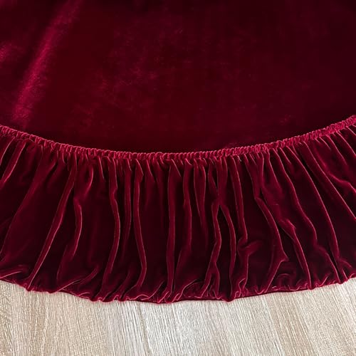 60-Inch Ruffled Velvet Christmas Tree Skirt with Lace-Up Tie Closure, Burgundy J884