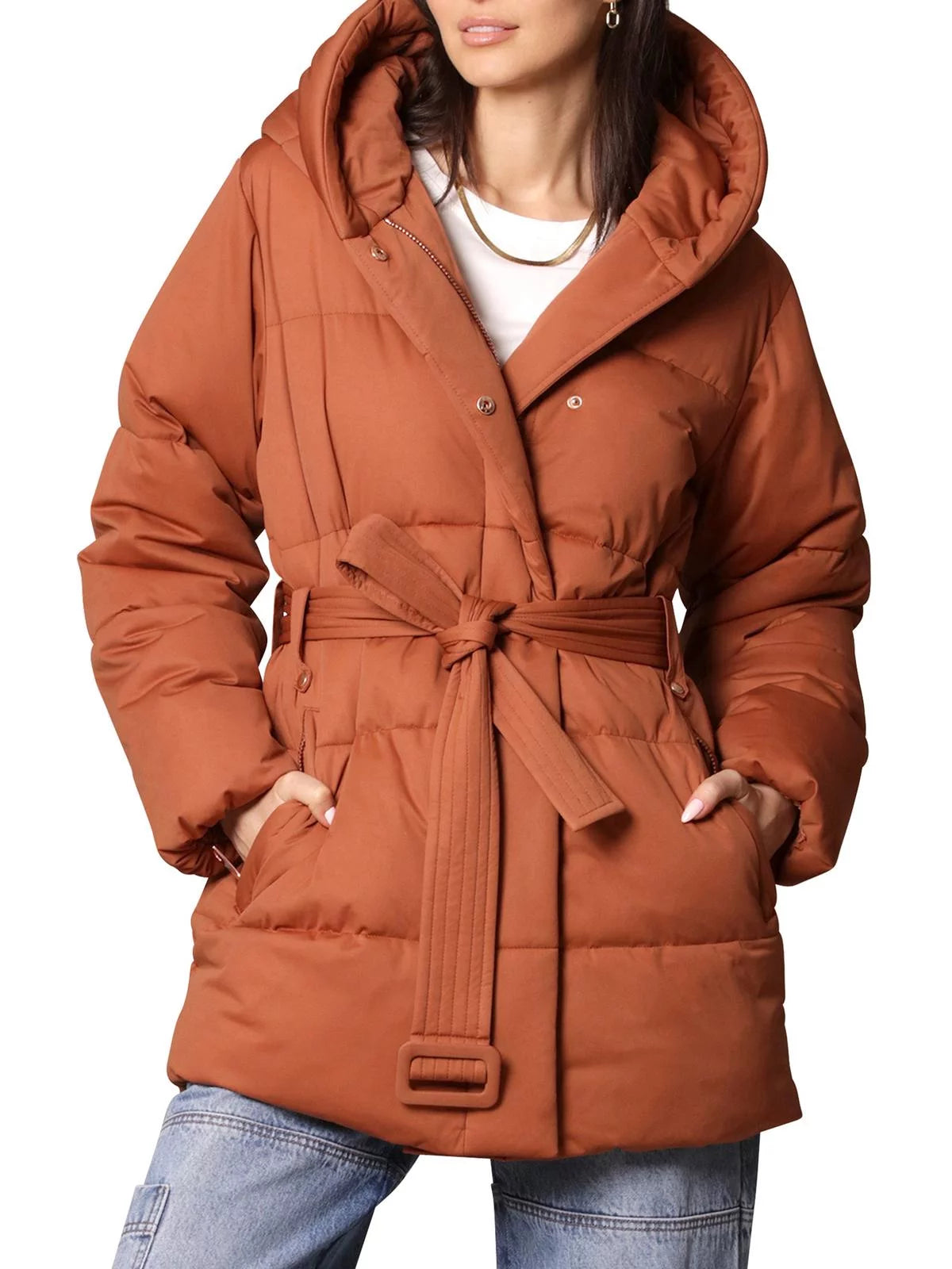 Women's Hooded Wrap Puffer Coat with Belt F860