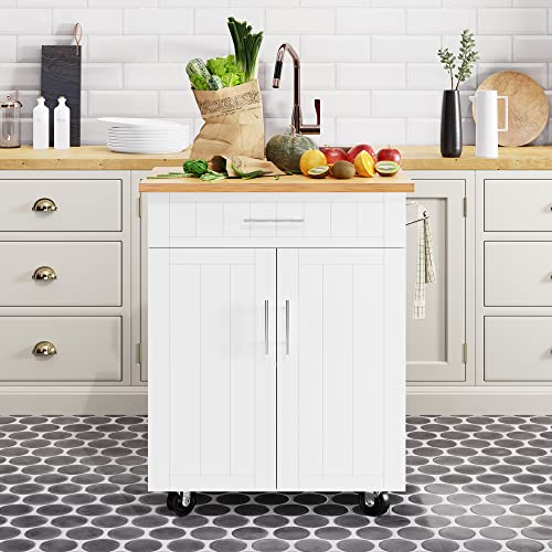 White Kitchen Island Cart with Storage and Drawers J7248