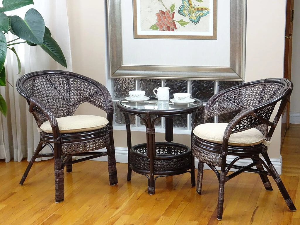 Natural Rattan Round Coffee Table with Glass Top Dark Brown I404140