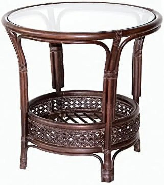Natural Rattan Round Coffee Table with Glass Top Dark Brown I404140