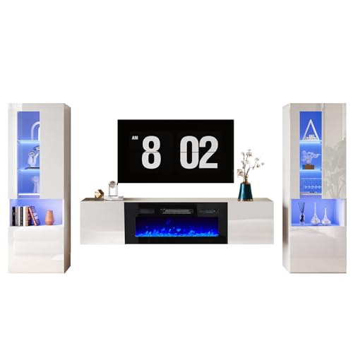 White High Gloss Entertainment Center with LED Lights, 40" Electric Fireplace, 2 Bookcases with Glass Doors P5939