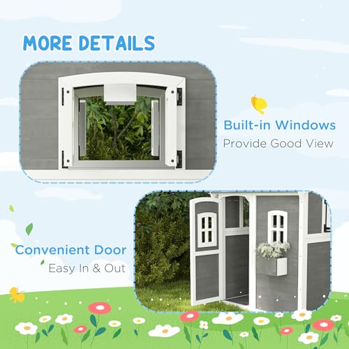 Gray Wooden Playhouse with Floor, Door, Windows & Planter Box L10950
