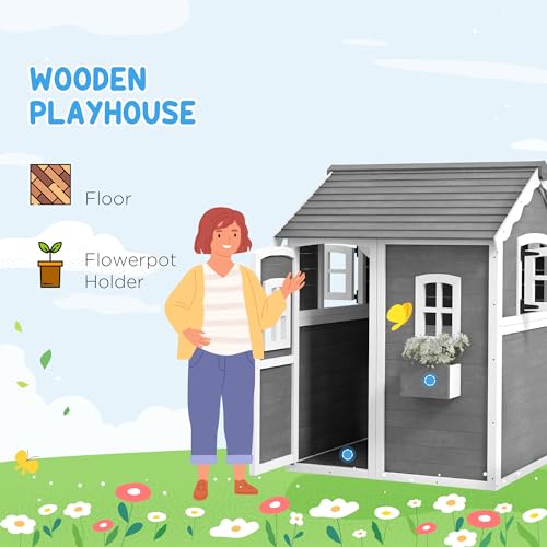 Gray Wooden Playhouse with Floor, Door, Windows & Planter Box L10950