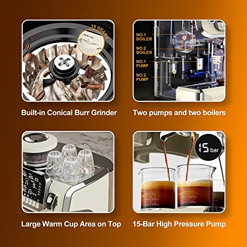 Espresso Machine with Milk Frother, Semi Automatic Coffee Machine with Grinder, 15 Bar Pressure Pump S3463