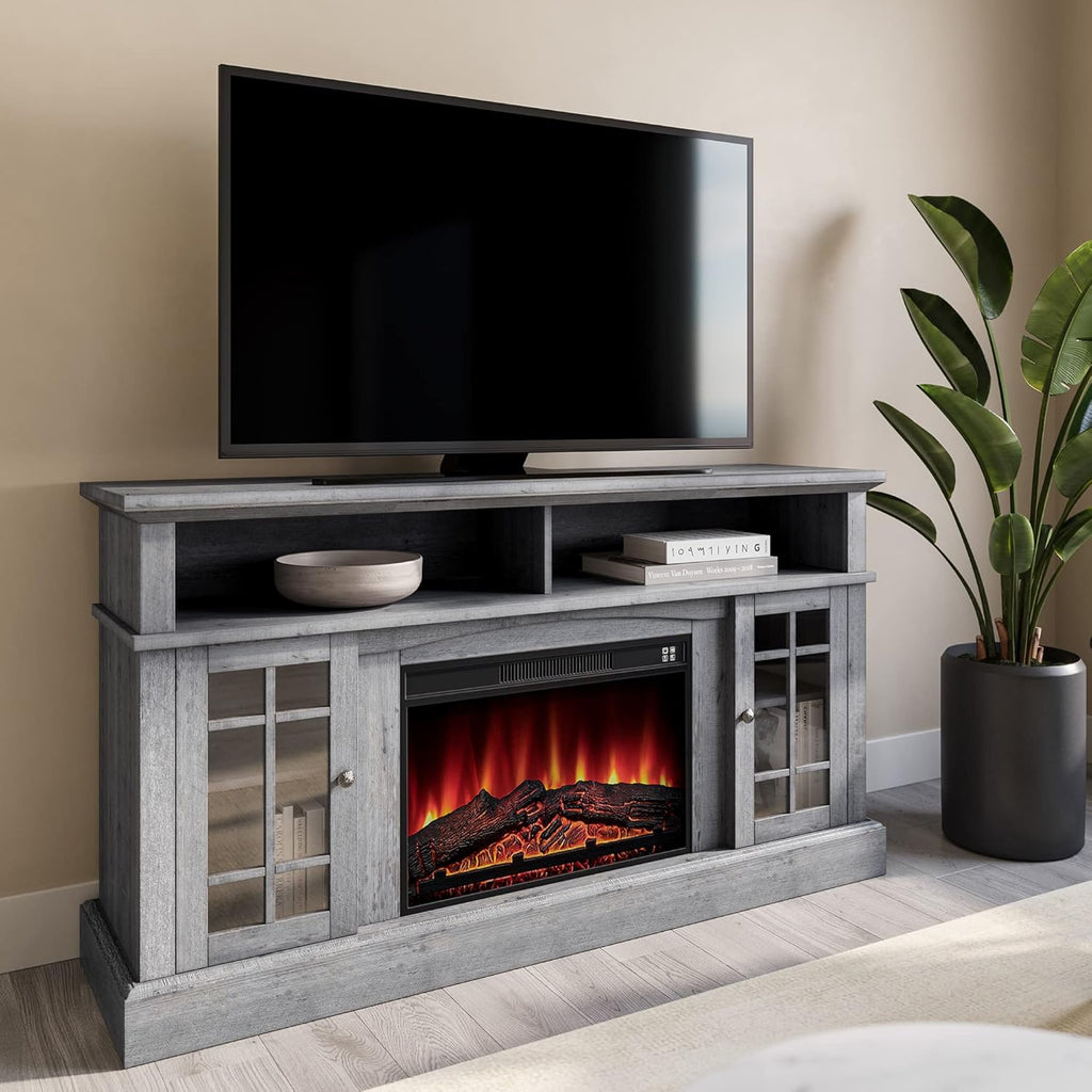 Espresso 58 Inch Electric Fireplace TV Stand with Storage Shelves and Cabinets O463