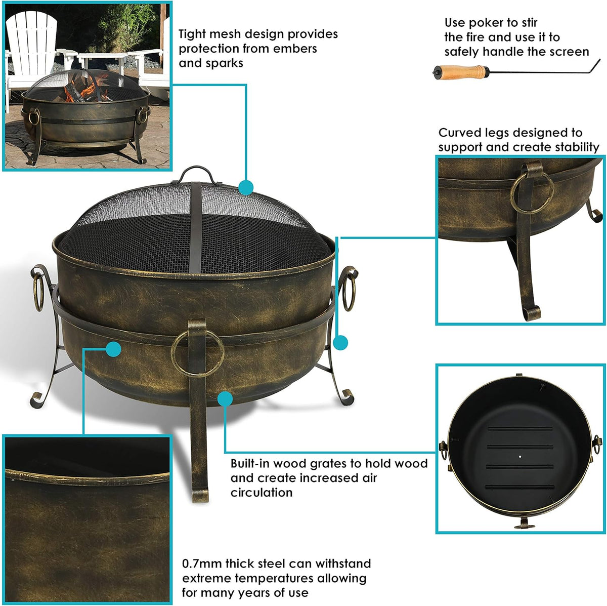 34 Inch Wood Burning Outdoor Fire Pit with Spark Screen and Poker W107494