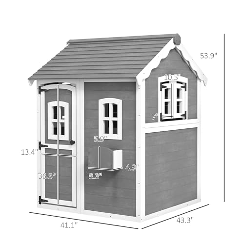 Gray Wooden Playhouse with Floor, Door, Windows & Planter Box L10950