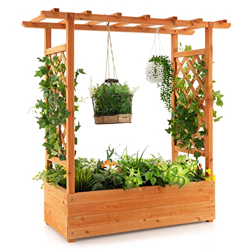 Raised Garden Bed with Arch Trellis Wood Planter Box K50592