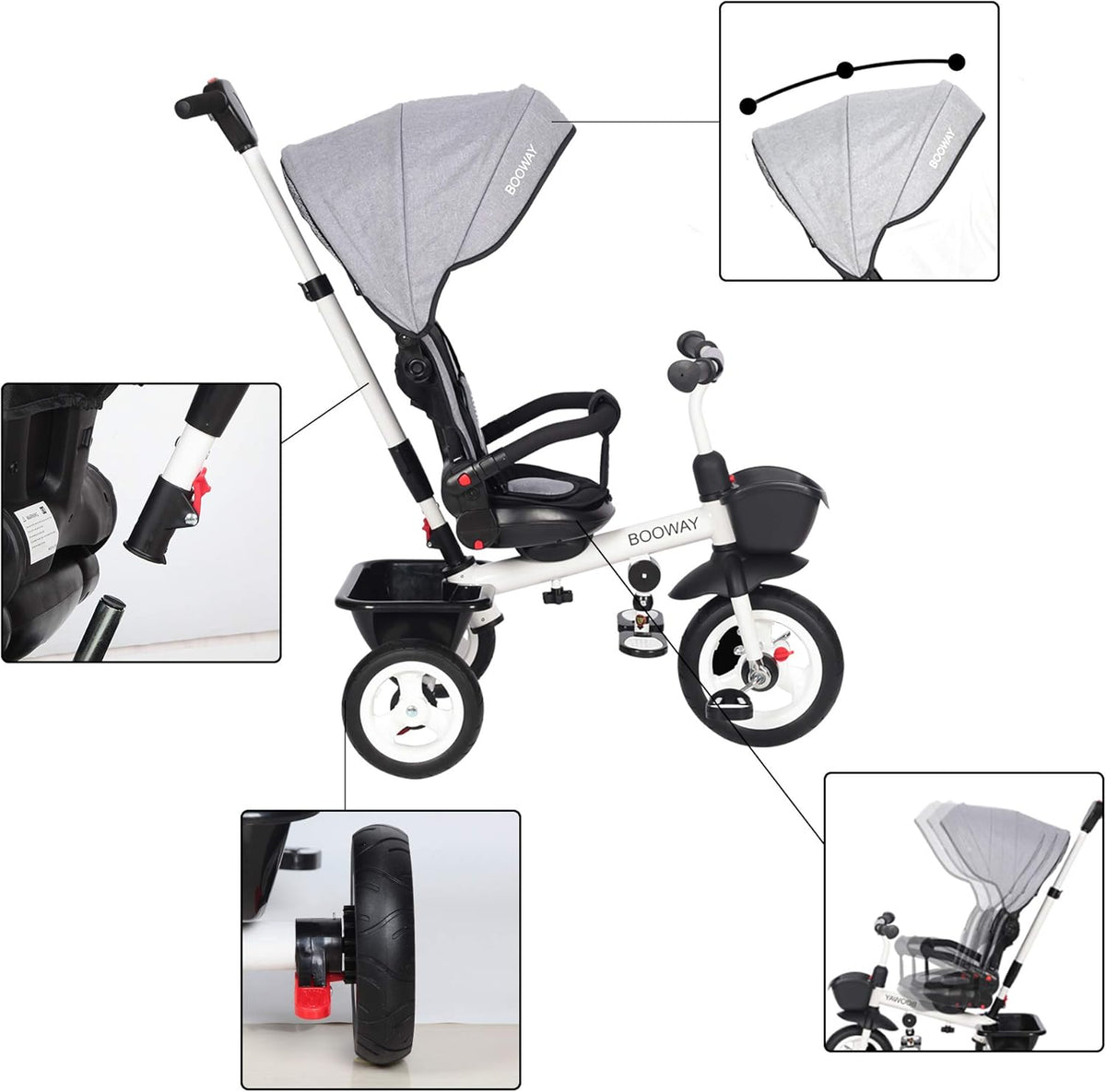 6-in-1 Kids Stroller Tricycle with Adjustable Push Handle, Removable Canopy, Safety Harness H289875
