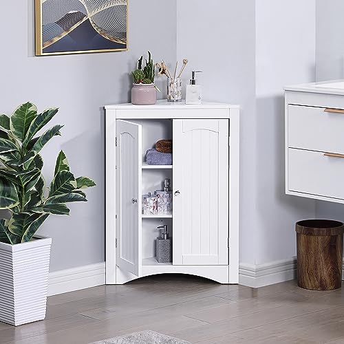 White 1 Corner Bathroom Cabinet with Doors Shelves J99360