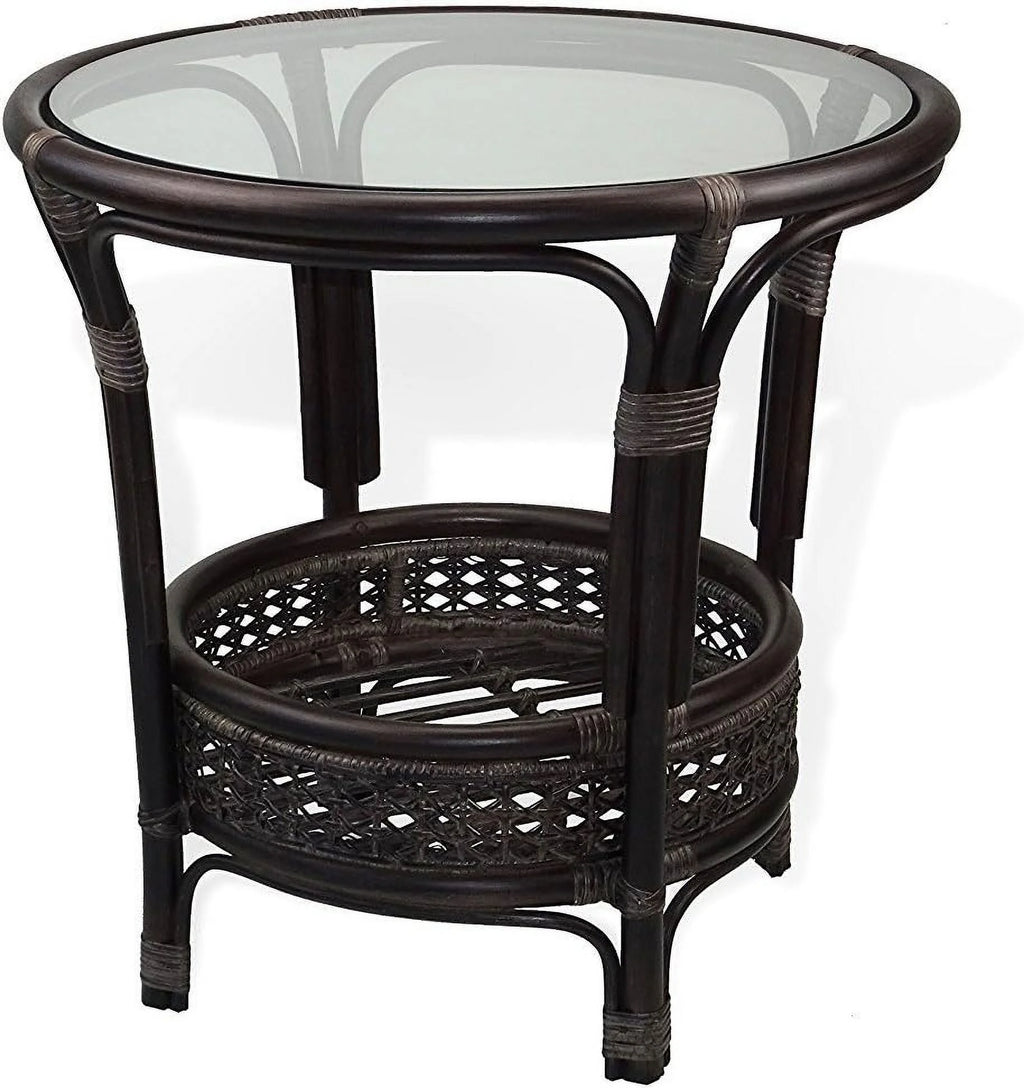 Natural Rattan Round Coffee Table with Glass Top Dark Brown I404140