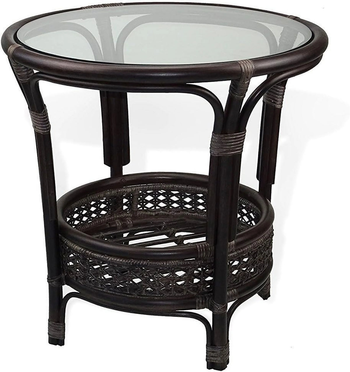 Natural Rattan Round Coffee Table with Glass Top Dark Brown I404140
