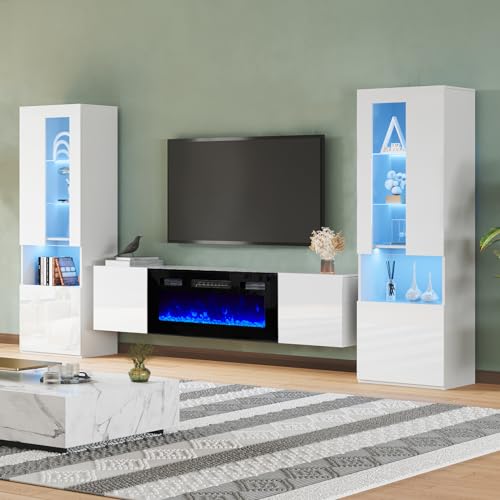 White High Gloss Entertainment Center with LED Lights, 40" Electric Fireplace, 2 Bookcases with Glass Doors P5939