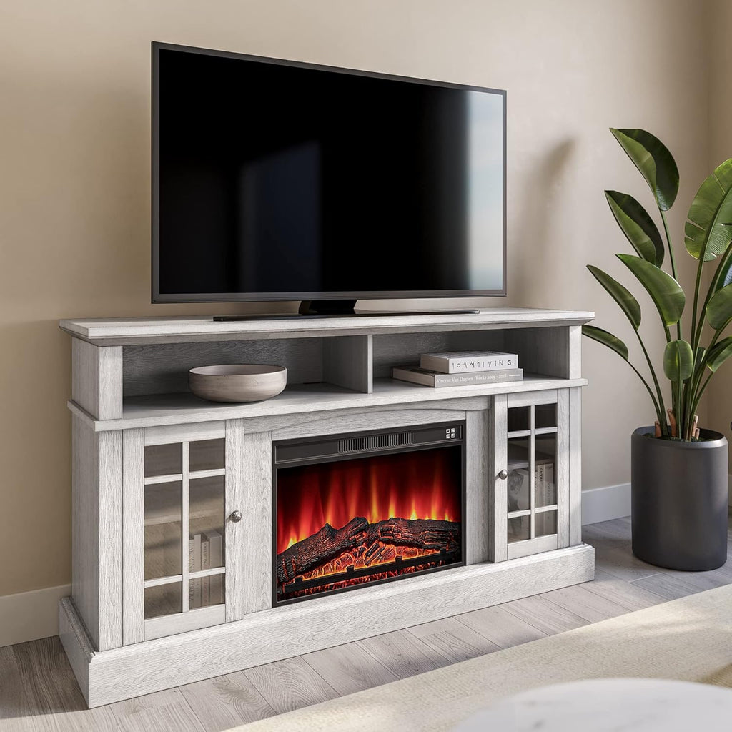 Espresso 58 Inch Electric Fireplace TV Stand with Storage Shelves and Cabinets O463