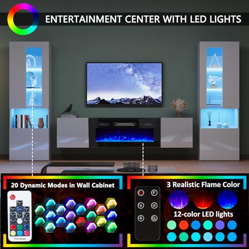 White High Gloss Entertainment Center with LED Lights, 40" Electric Fireplace, 2 Bookcases with Glass Doors P5939