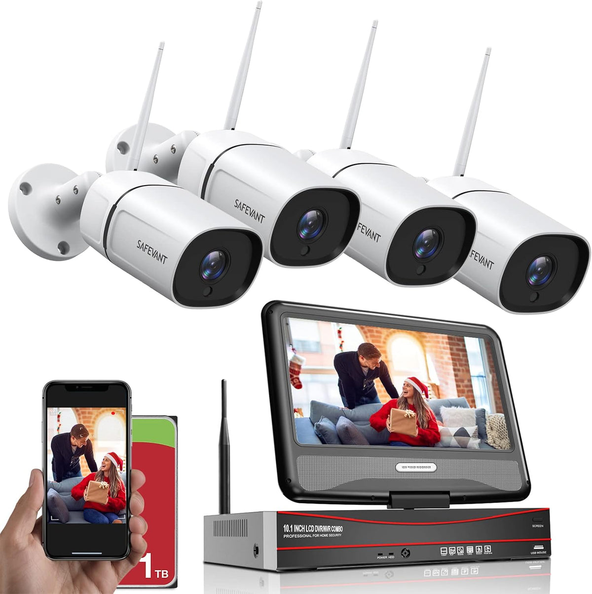 1080P Wireless Security Camera System with Monitor, 8 Channel Video NVR Systems with 4pcs Outdoor Indoor IP Camera Night Vision Motion Detection, 1TB Hard Drive W584859
