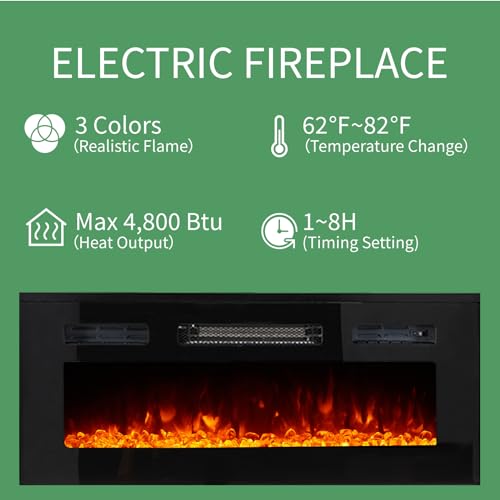 White High Gloss Entertainment Center with LED Lights, 40" Electric Fireplace, 2 Bookcases with Glass Doors P5939