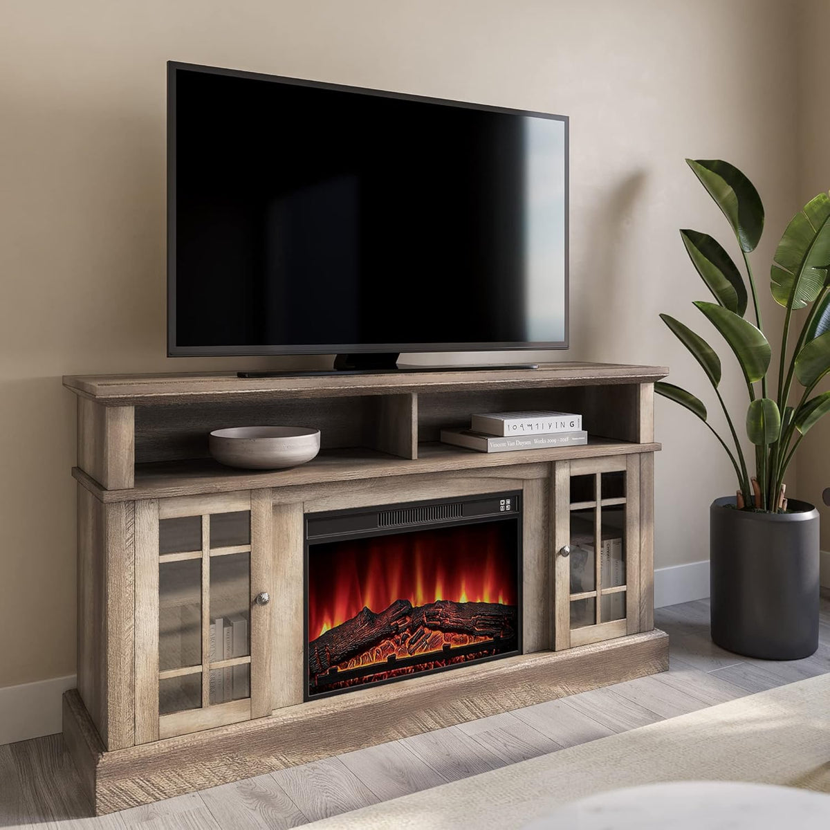 Espresso 58 Inch Electric Fireplace TV Stand with Storage Shelves and Cabinets O463