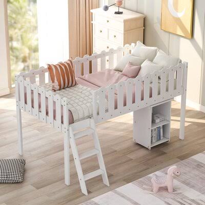 White Twin Size Loft Bed with Desk and Cabinet L59401