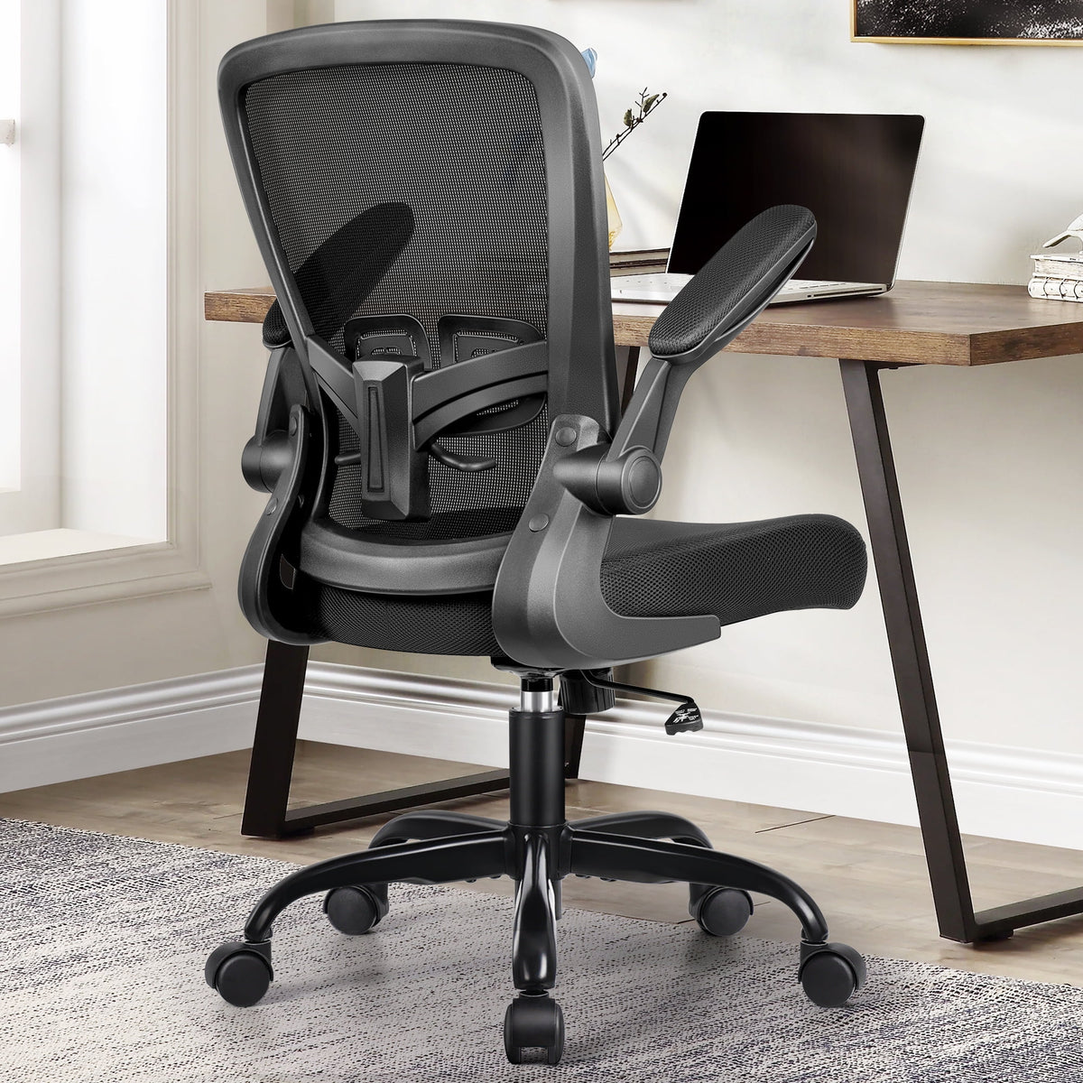 Black Ergonomic Office Chair with Lumbar Support and Flip up Arms F66263