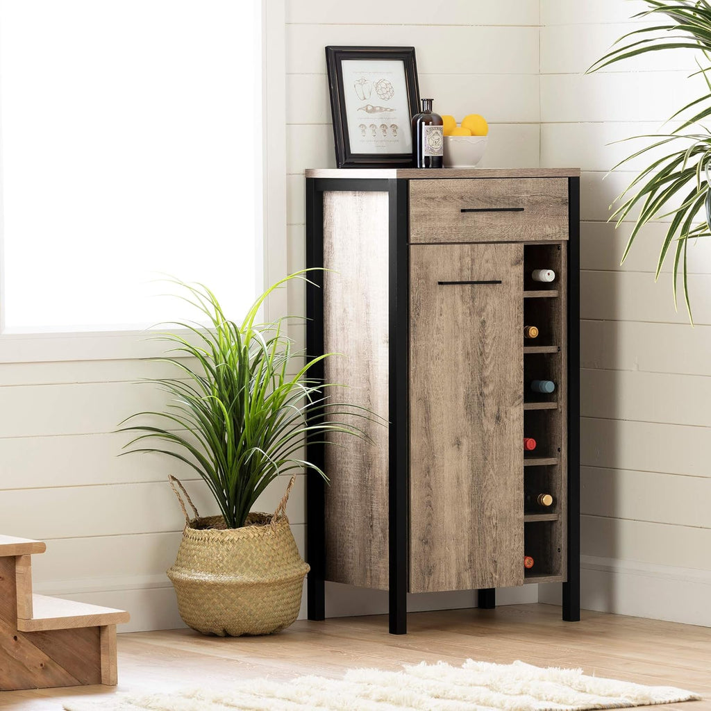 Weathered Oak and Matte Black Bar Cabinet with Storage N883