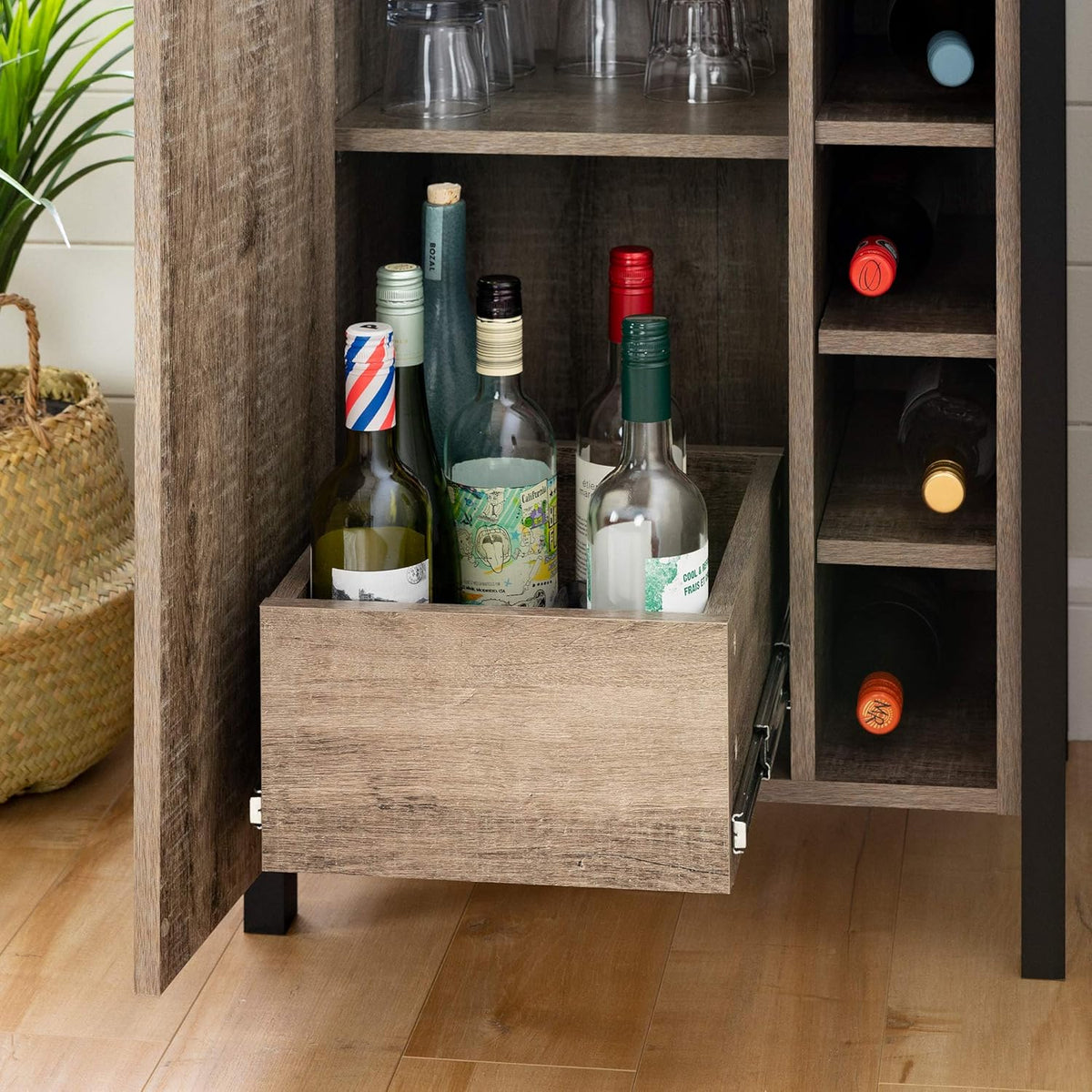 Weathered Oak and Matte Black Bar Cabinet with Storage N883