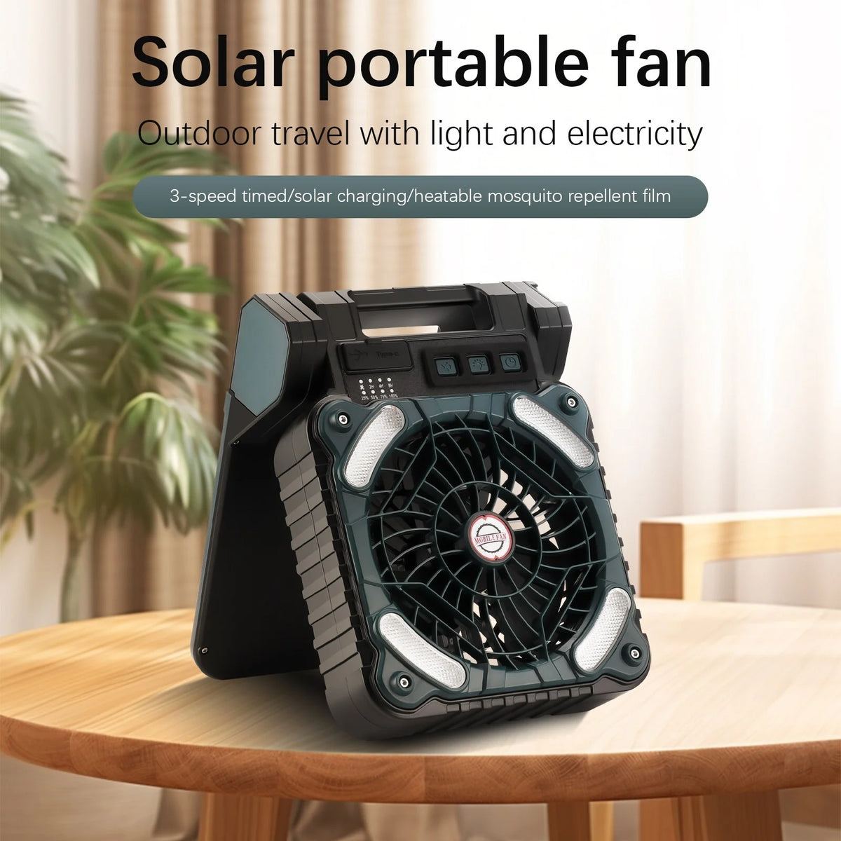 Solar Camping Fan with Solar Panel, LED Light, 4 Speeds, 10000mAh O7353