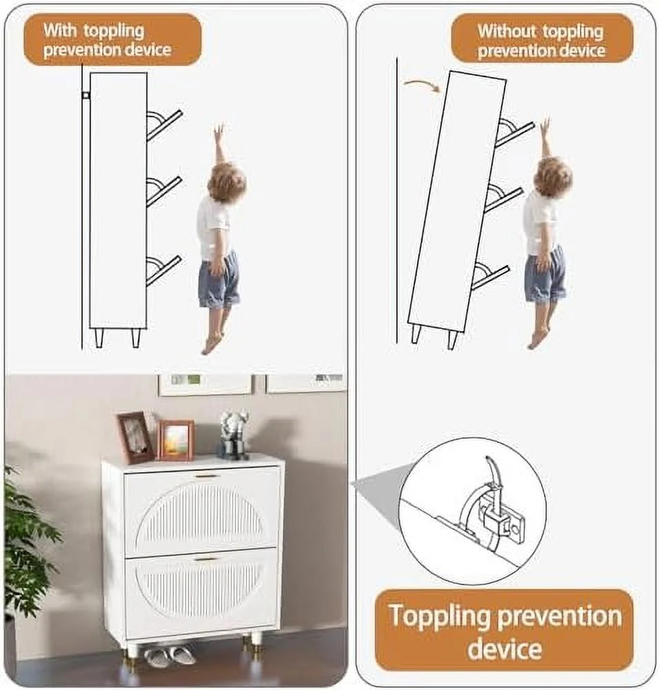 White 2 Flip Drawers Slim Shoe Cabinet A95658