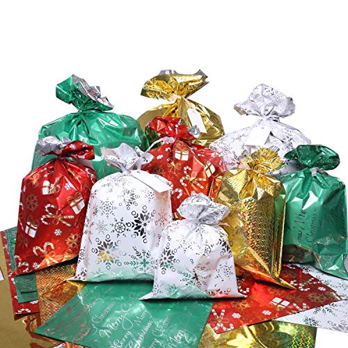 Christmas Gift Bags, 32Pcs Santa Wrapping Bag in 4 Sizes and 4 Designs with Ribbon Ties and Tags U16233