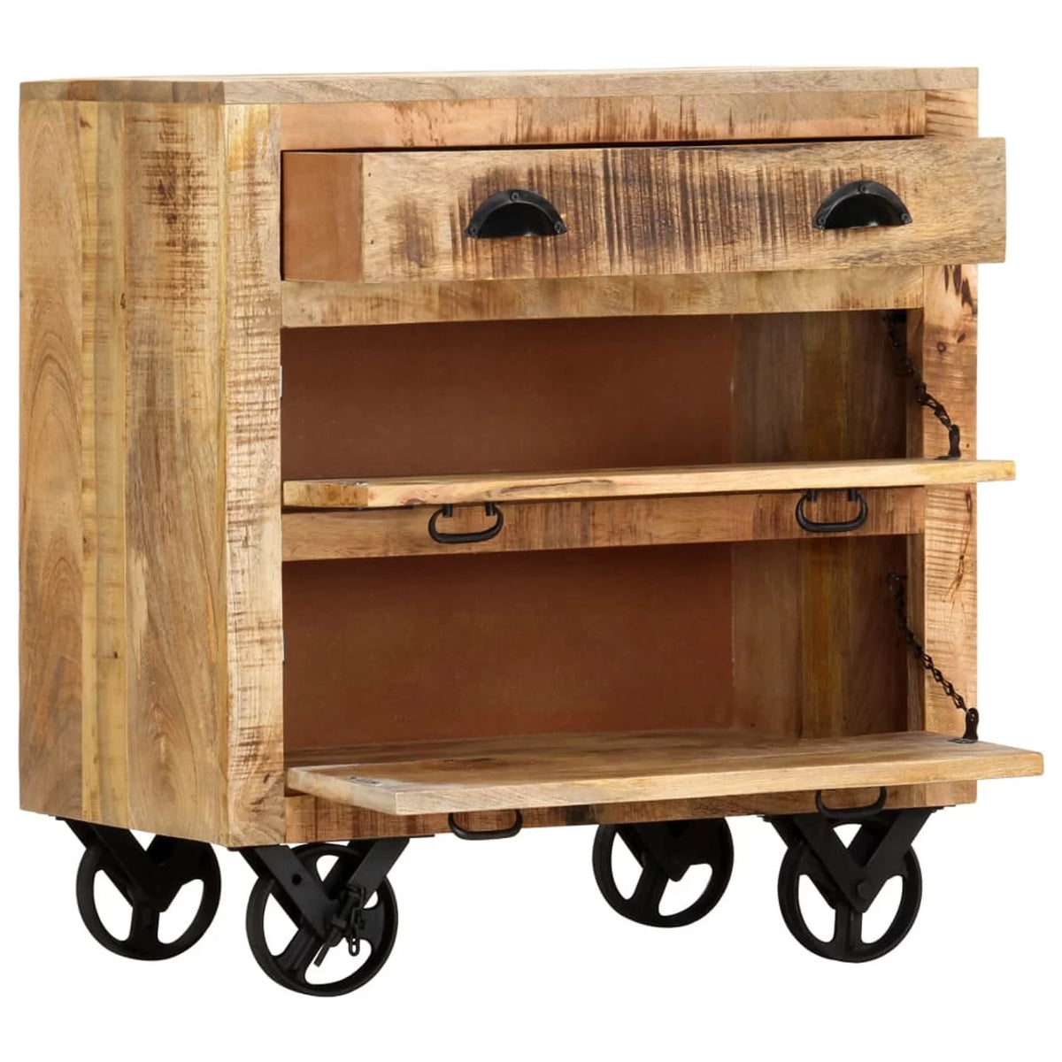 Mango Wood Side Table with Storage Drawers and Wheels X1378